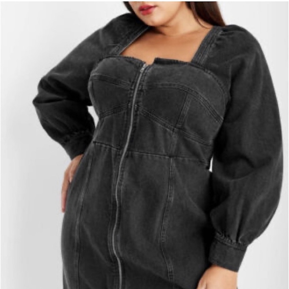 NWT! Future Collective Kahlana Barfield Brown puff sleeve zip front denim dress